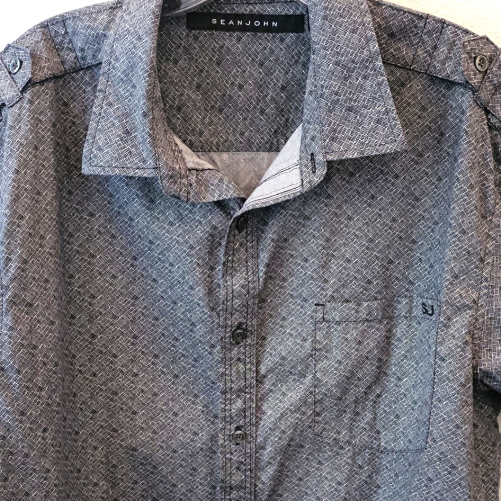 Sean John Short Sleeve Collared Button Down Shirt Gray Patterned Sz XL